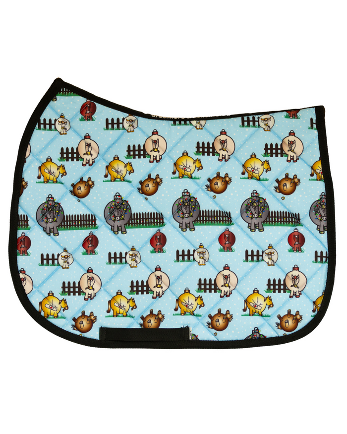 Pasture Ornaments patterned saddle pad, full top view of the print and contrast binding, by Dreamers & Schemers