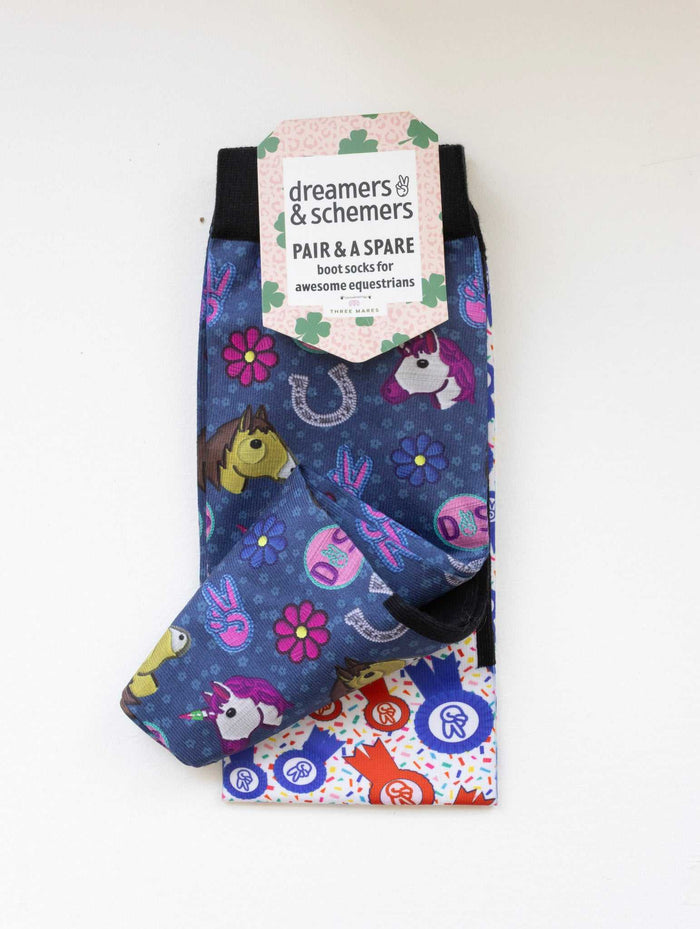 Patch Perfect boot socks shown folded with the included spare sock and printed cuff detail