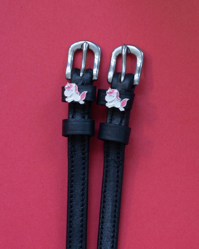Pair of black leather unicorn spur straps with silver buckles on a red background