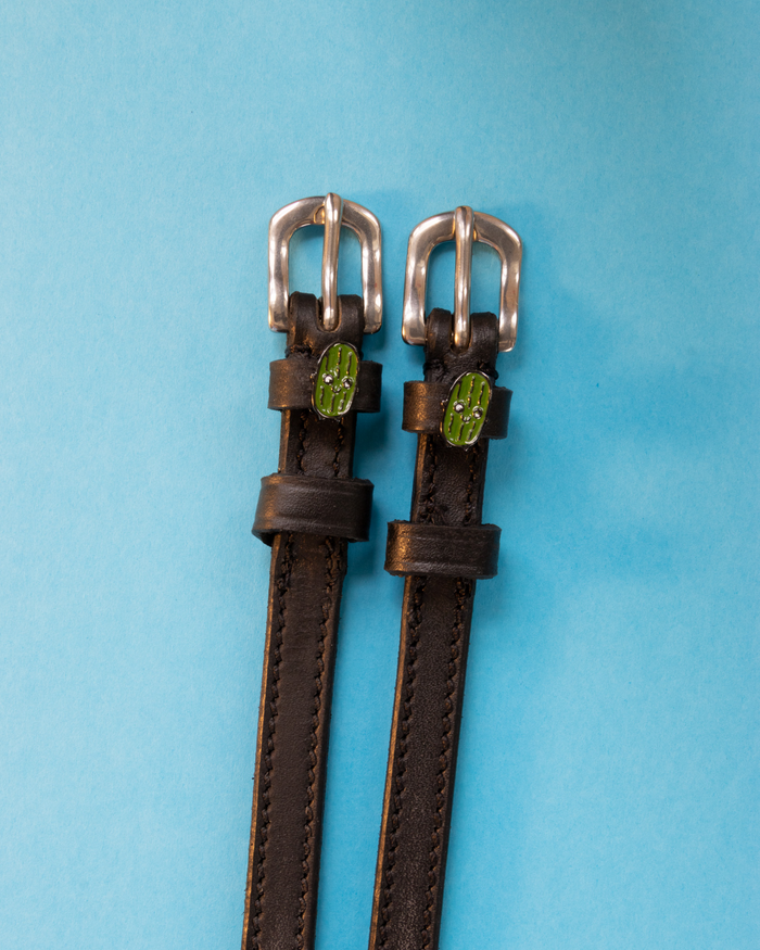 Black leather pickle charm spur straps with silver buckles on bright blue