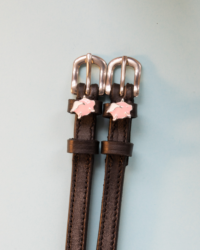 Brown leather ManeJane flying pig spur straps with rose-gold buckles, pale blue backdrop