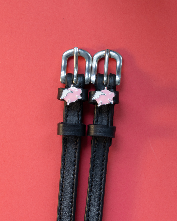 Pair of black leather flying pig spur straps flat-laid on a coral-red background