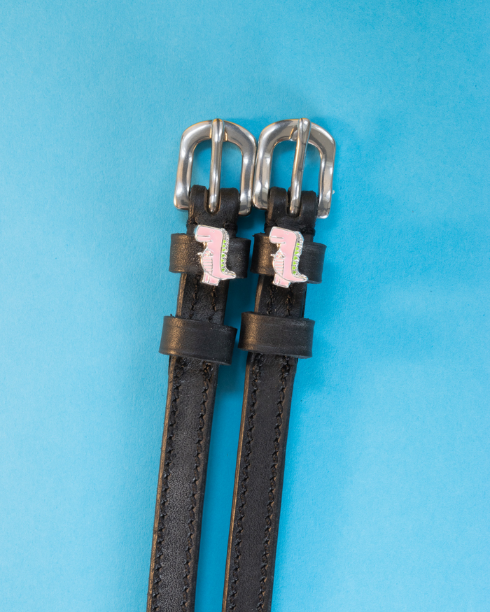 Pair of black leather pink dinosaur spur straps with silver buckles on light blue