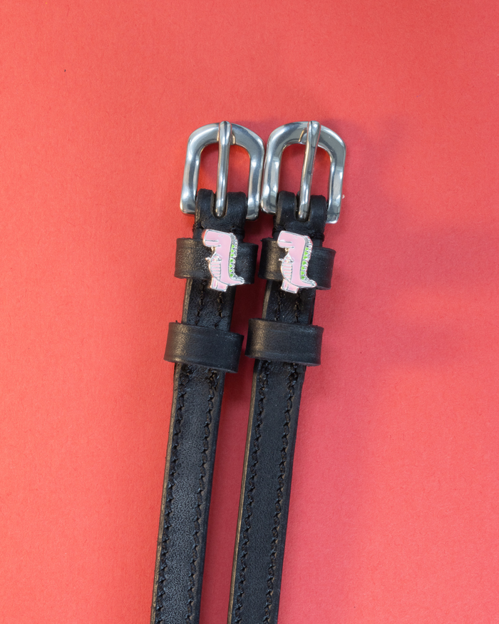 Black leather pink dinosaur spur straps with silver buckles on a red background