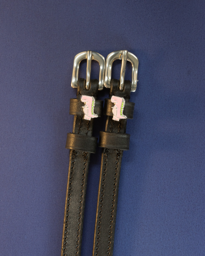 ManeJane pink dinosaur spur straps with silver buckles laid flat on navy blue