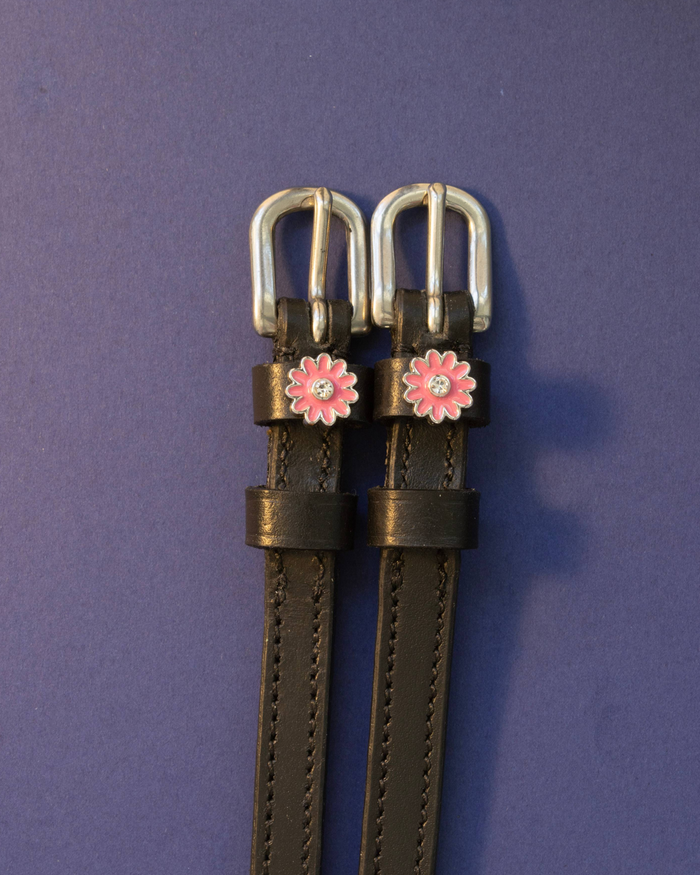 Black leather pink flower spur straps flat-laid on a deep purple background