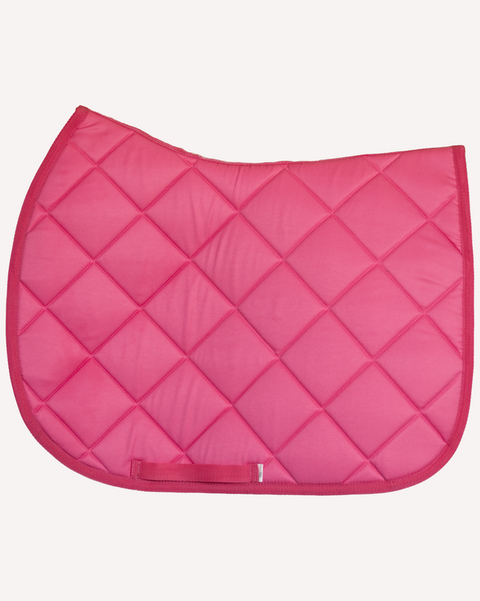 Pink saddle pad in hot pink, flat product view of the diamond-quilted top
