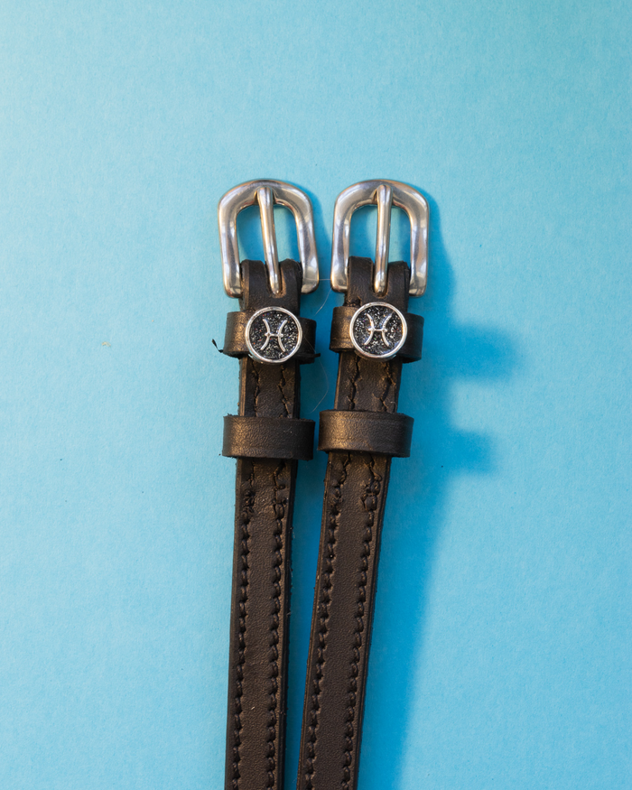 Black leather ManeJane spur straps with round Pisces zodiac charms on light blue