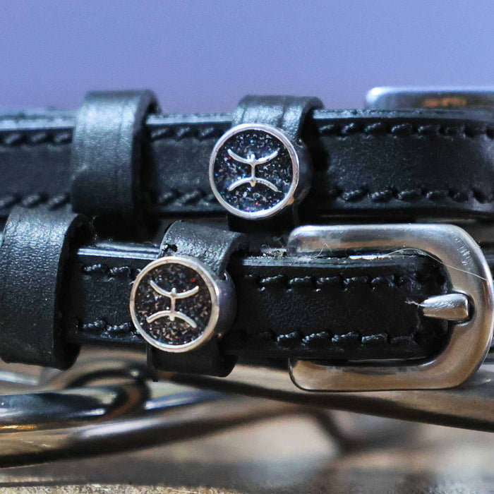 Close-up of Pisces zodiac coin charms on black leather spur strap keepers