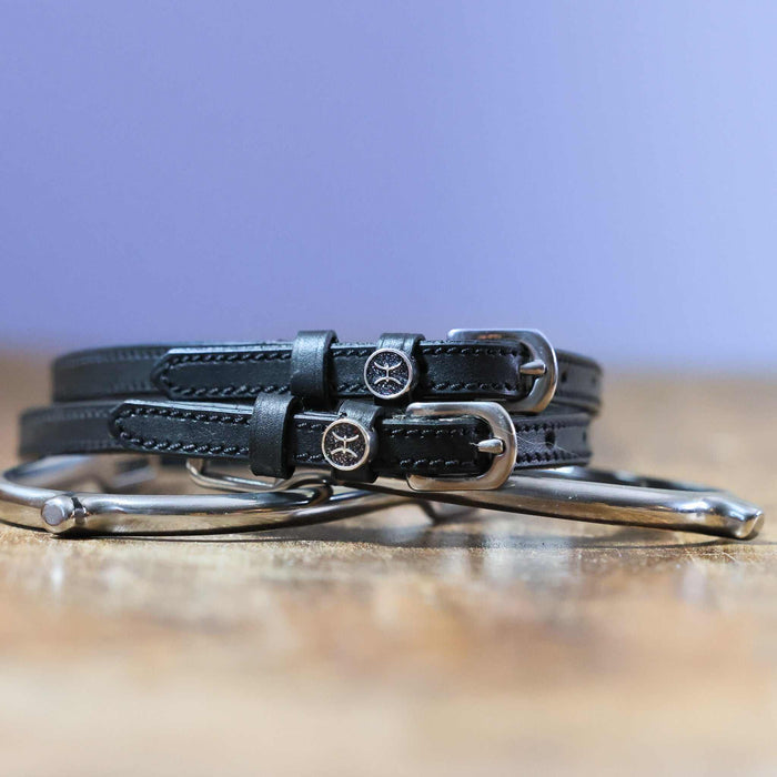 Coiled black leather Pisces spur straps stacked with a silver spur on wood