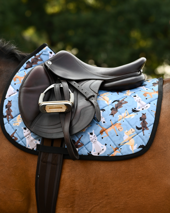 Denim blue Pony Pilates pad under a brown close-contact saddle, cream and tan horses mid-stretch
