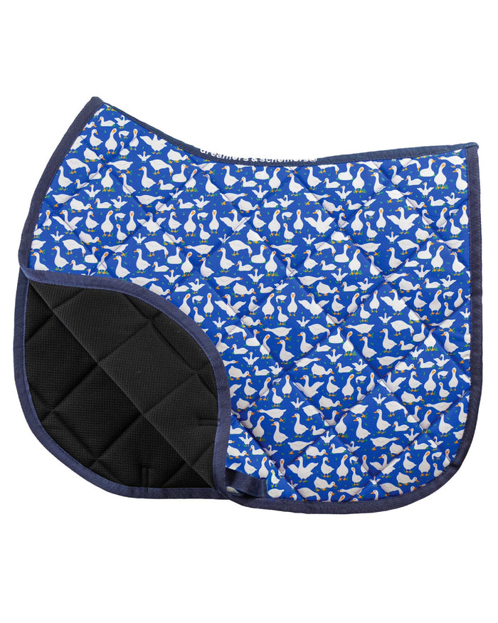 Puddle Jumpers all-purpose saddle pad featuring rain puddle jumping in Blue, close-up of the pattern and stitching, by Dreamers & Schemers