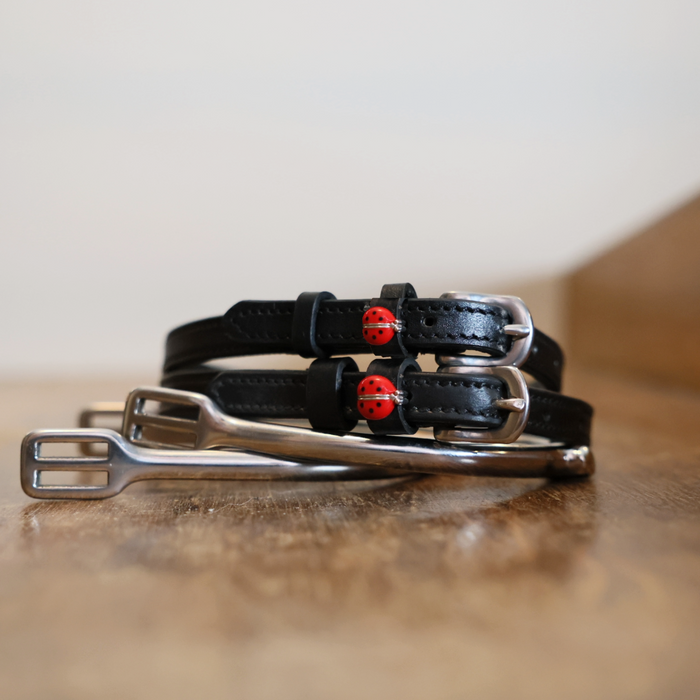 Black leather ladybug spur straps coiled on wood beside a stirrup
