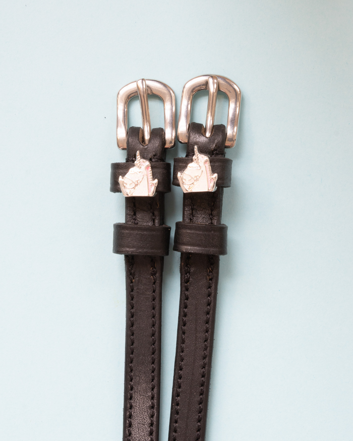 Dark brown leather unicorn charm spur straps with silver buckles on a pale blue background