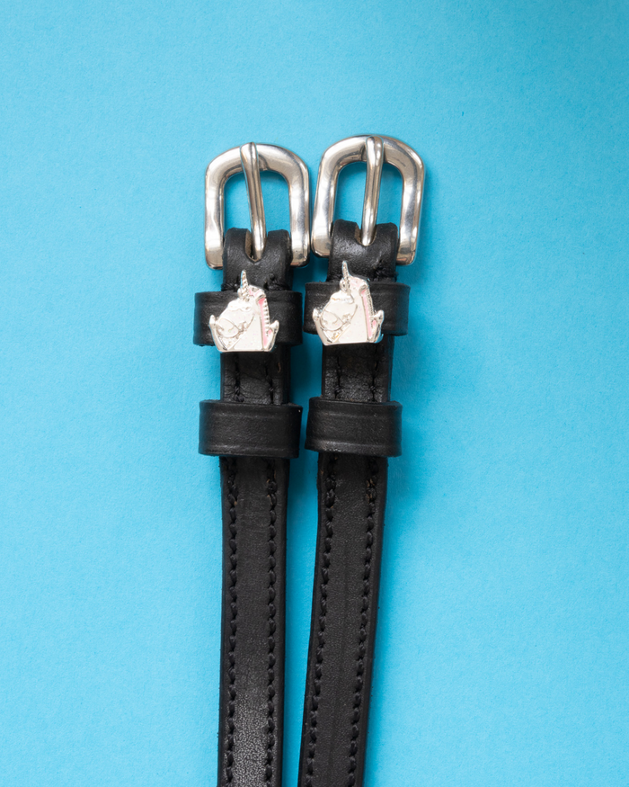 Black leather unicorn head charm spur straps with silver buckles on a teal background