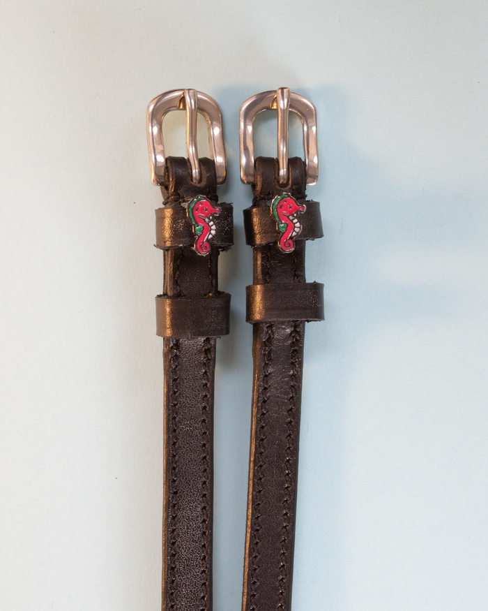 Dark brown leather ManeJane seahorse spur straps with rose-gold buckles, pale blue backdrop