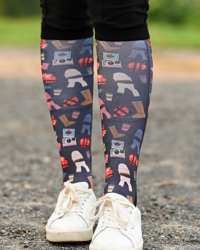 Sept Starter Pack equestrian boot socks worn at the barn, charcoal with autumn boots, plaid, beanies and lattes