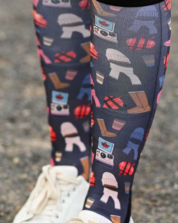 Close crop of the Sept Starter Pack boot sock print, autumn boots, plaid, beanies and lattes on charcoal