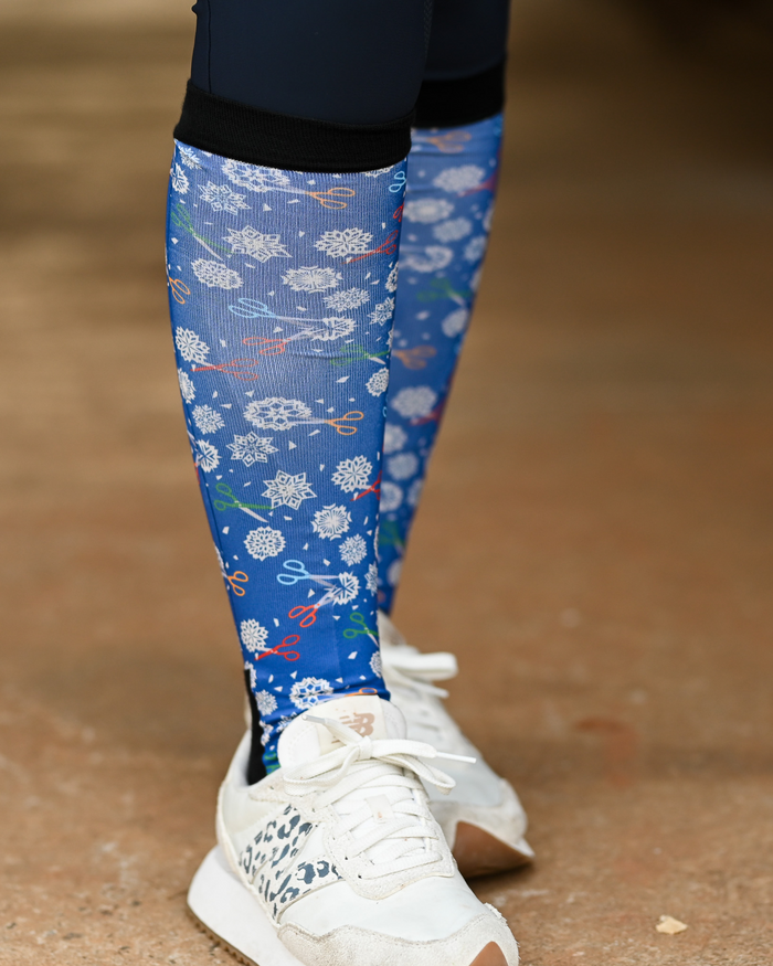 Shear Magic Pair & a Spare boot socks worn on the calf, cobalt blue with white clip rosettes and coloured scissors