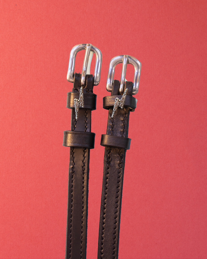 Dark leather bling bolt charm spur straps with silver buckles on a coral red background
