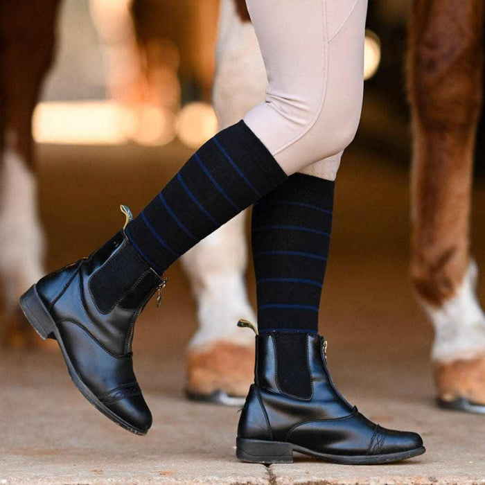 Simple Stripe Knit Socks - Black w/ Navy knit tall boot socks, alternate angle, by Dreamers & Schemers