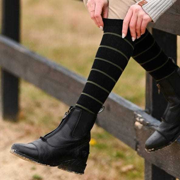 Simple Stripe Knit Socks - Black w/ Sage knit tall boot socks, showing the full pattern layout