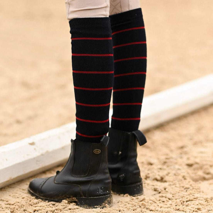 Simple Stripe Knit Socks - Navy w/ Burgundy knit tall boot socks, by Dreamers & Schemers