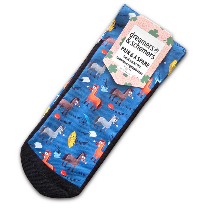 Spring Scaries Pair & a Spare equestrian boot socks with spring bugs creepy crawly in blue, by Dreamers & Schemers