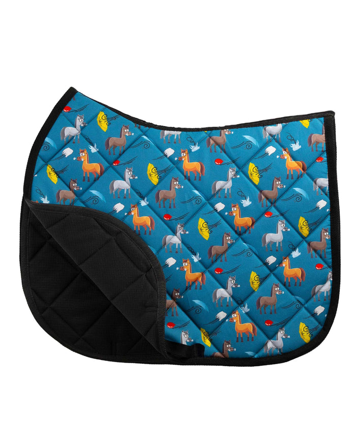 Spring Scaries all-purpose saddle pad with spring bugs creepy in Blue, close-up of the pattern and stitching, by Dreamers & Schemers