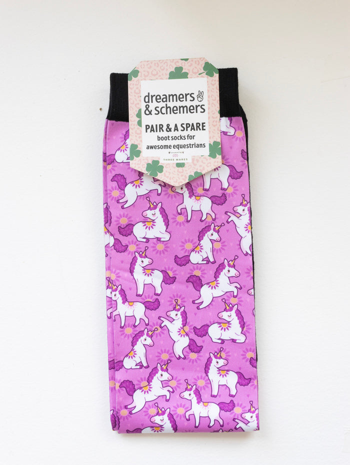 Sunshine and Unicorns Pair & a Spare equestrian boot socks in their header card, by Dreamers & Schemers