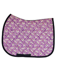 Sunshine & Unicorns patterned saddle pad, full top view of the print and contrast binding, by Dreamers & Schemers