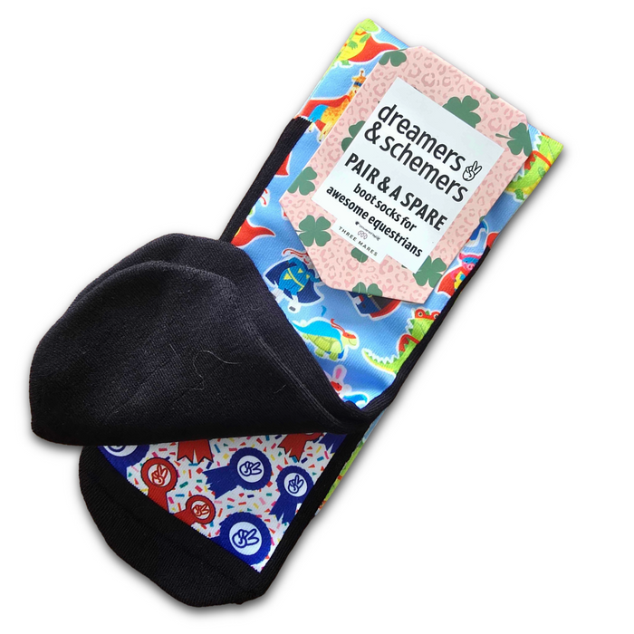 Super! Thanks For Asking youth Pair & a Spare boot socks featuring superhero cape print, alternate angle, by Dreamers & Schemers