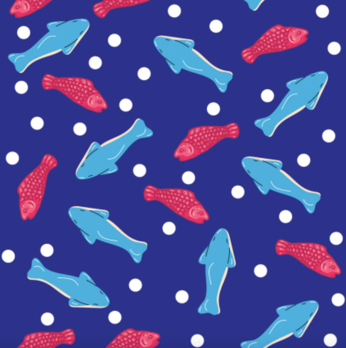 Sweet-ish Fish Pair & a Spare equestrian boot socks, showing the full pattern layout
