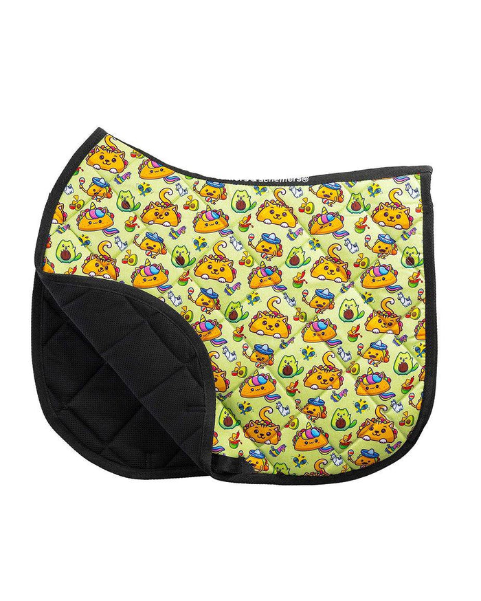 Taco Cat all-purpose saddle pad featuring taco and cat print, alternate angle, by Dreamers & Schemers