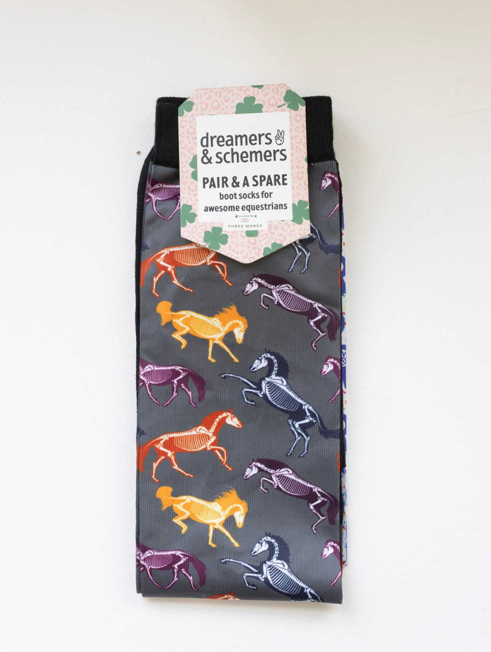 The Pony Island Horse Skeletons Pair & a Spare equestrian boot socks in their header card, by Dreamers & Schemers