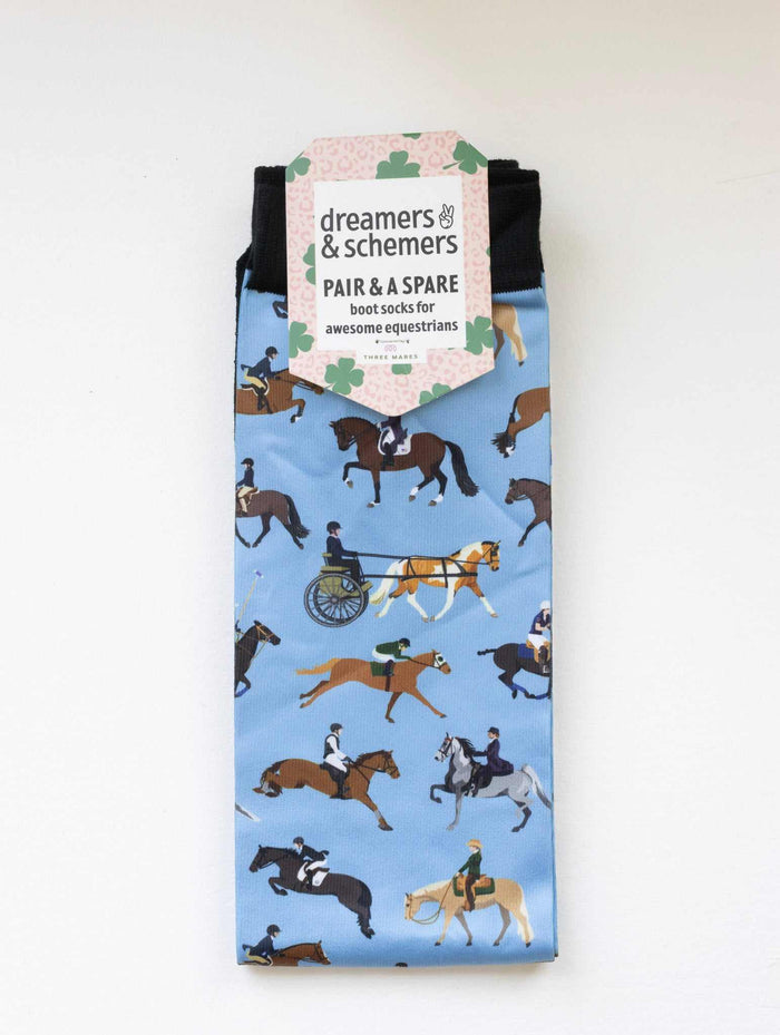 The Pony Island Horse Sports Pair & a Spare equestrian boot socks in their header card, by Dreamers & Schemers