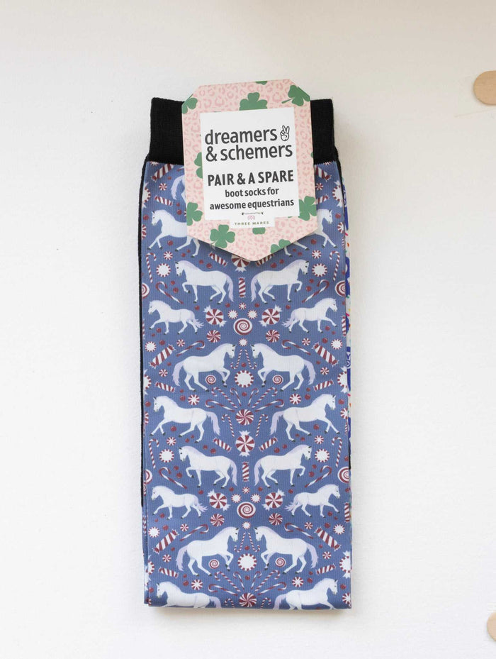 The Pony Island Peppermint Ponies Pair & a Spare equestrian boot socks in their header card, by Dreamers & Schemers