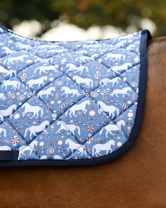 Close view of the Peppermint Ponies print: white ponies, candy canes and peppermint swirls on slate blue