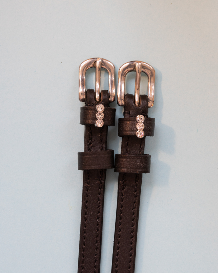 Brown leather three-stone spur straps with rose-gold buckles on pale blue-grey