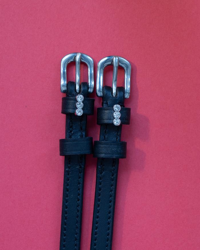 Three-crystal charm spur straps on black leather over a coral red background
