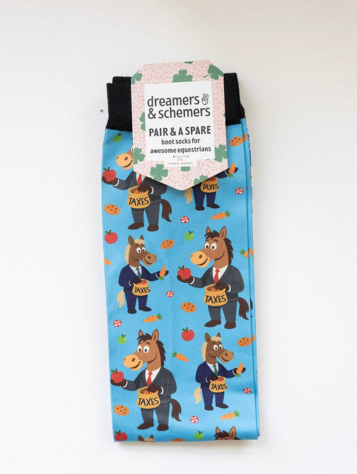 Treat Tax Pair & a Spare equestrian boot socks in their header card, by Dreamers & Schemers