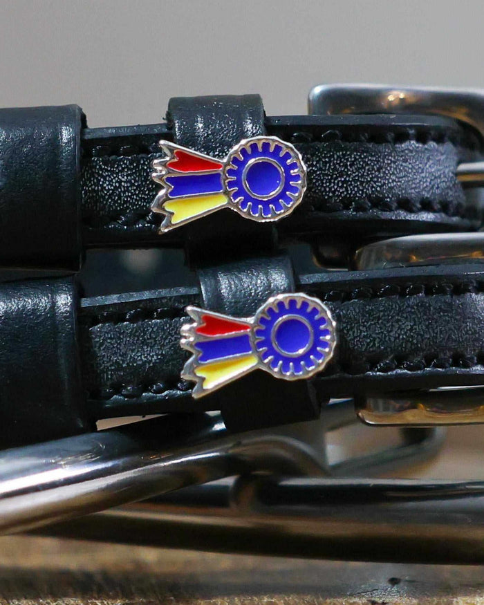Close-up of tri-color ribbon rosette charms on black leather spur straps beside a bit