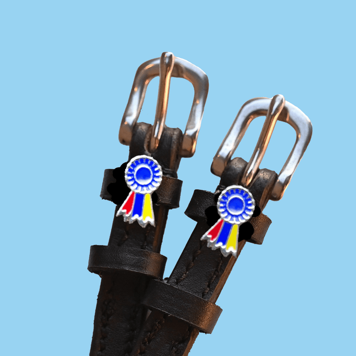 Close-up of dark brown leather spur straps with rosette charms and rose gold buckles