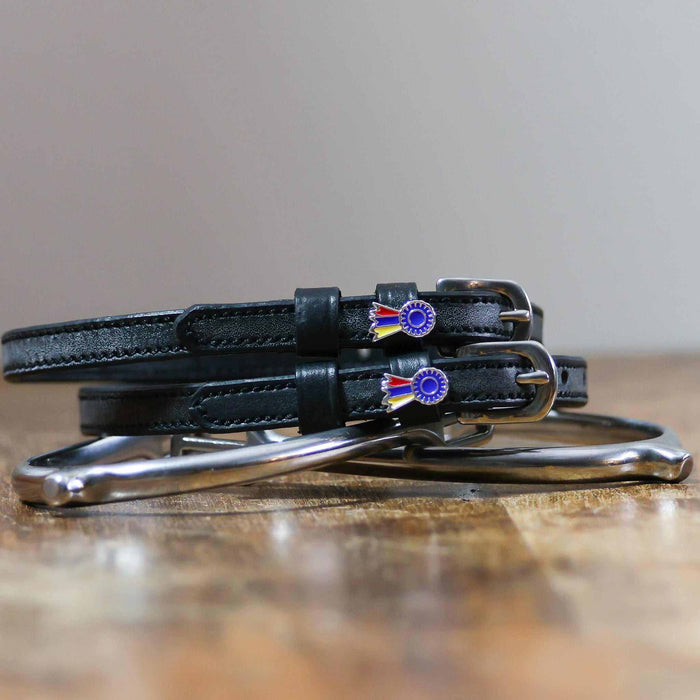 Black leather tri-color ribbon spur straps coiled on wood with a silver bit