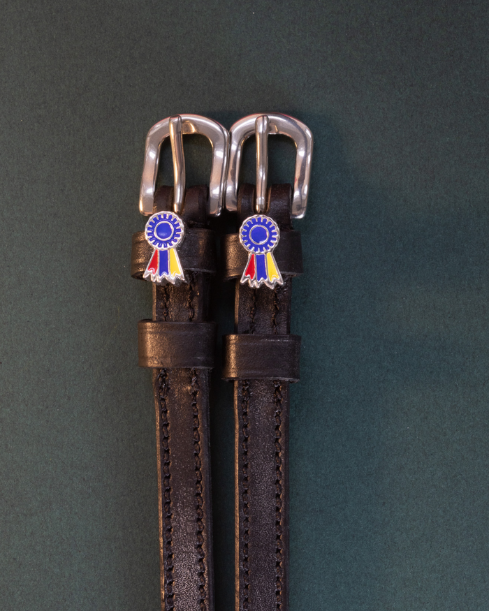 Pair of black leather rosette spur straps flat-laid on a dark green background