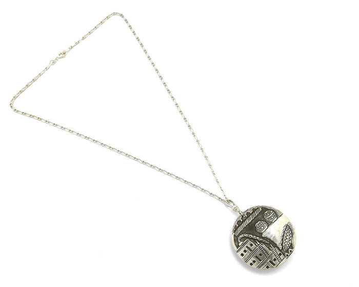 Unique Navajo Indian Puebla Scene Reversable Turquoise .925 Silver Pendant