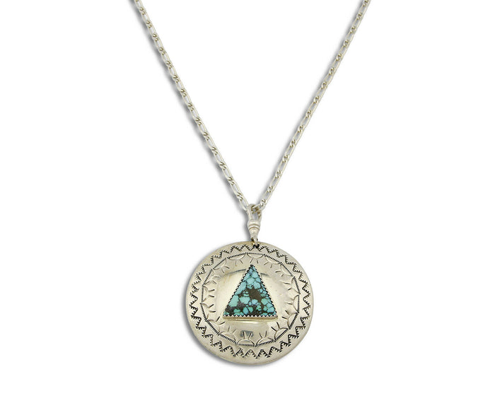 Unique Navajo Indian Puebla Scene Reversable Turquoise .925 Silver Pendant