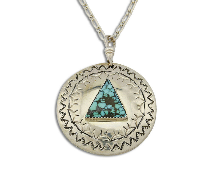 Unique Navajo Indian Puebla Scene Reversable Turquoise .925 Silver Pendant
