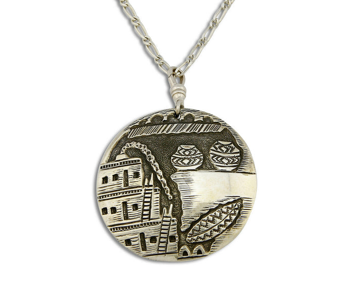 Unique Navajo Indian Puebla Scene Reversable Turquoise .925 Silver Pendant