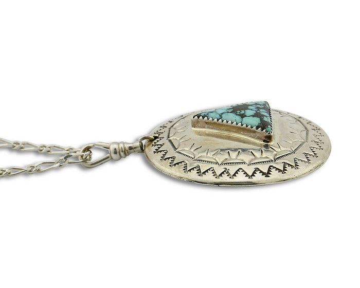 Unique Navajo Indian Puebla Scene Reversable Turquoise .925 Silver Pendant